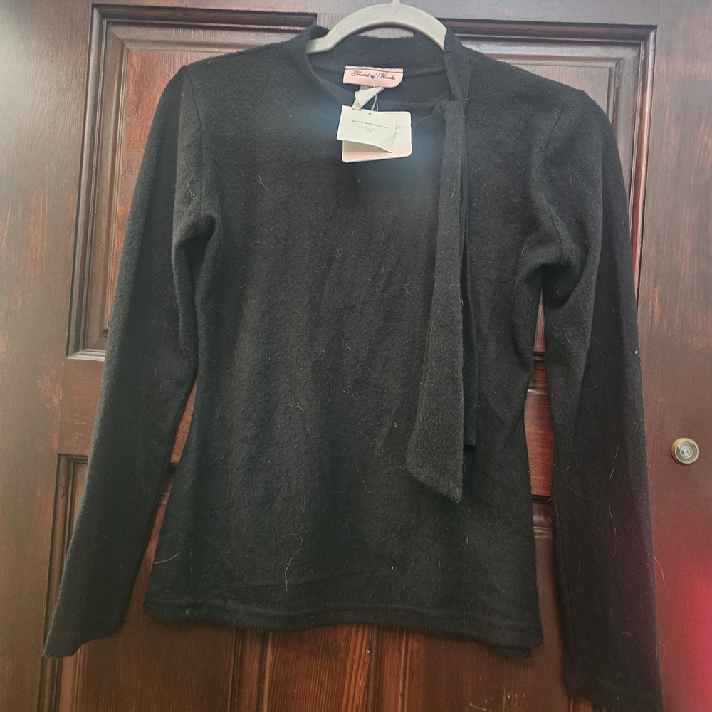 Heart Of Haute Black Sweater Top with Tie Detail